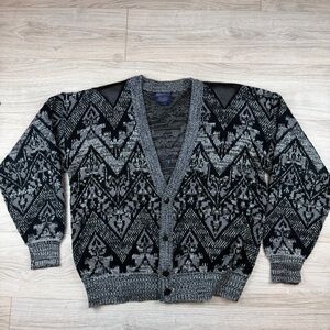 Vintage 80’s Barnaby Brand Eclectic Grandpa Cardigan Sweater Black Gray Mens 2XL
